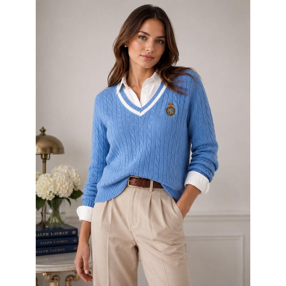 Lauren Ralph Lauren Sweater Womens Medium Blue Cable Knit V Neck Crest Preppy